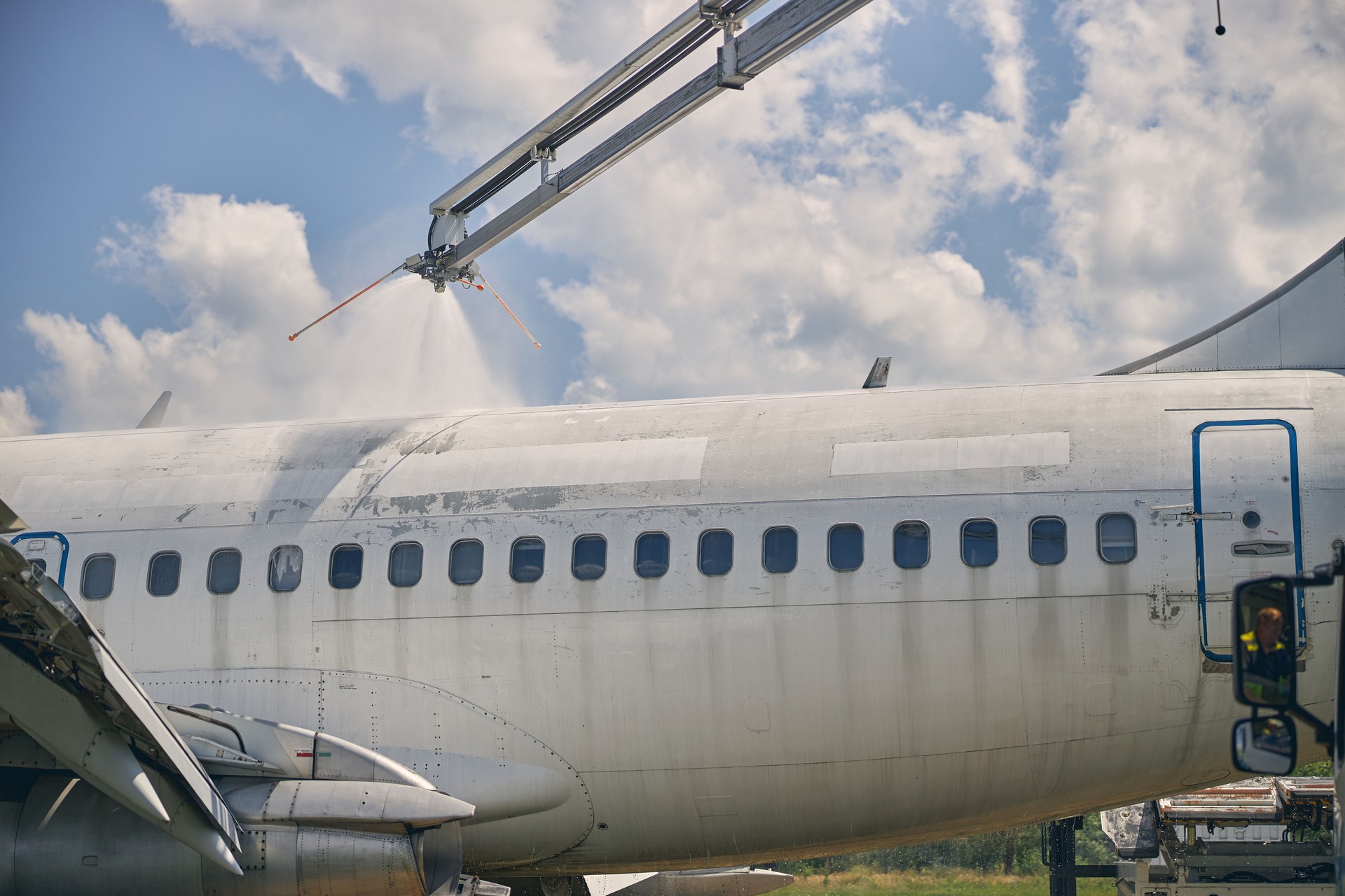 Close up of special technic washing aircraft